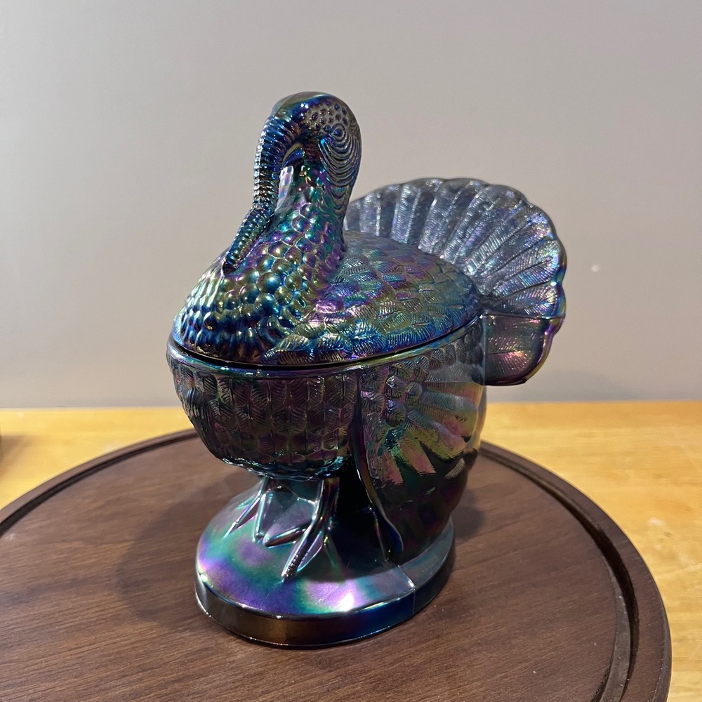 Vtg L.E. Smith Amethyst Carnival Glass Turkey on Nest Candy Dish Iridescent